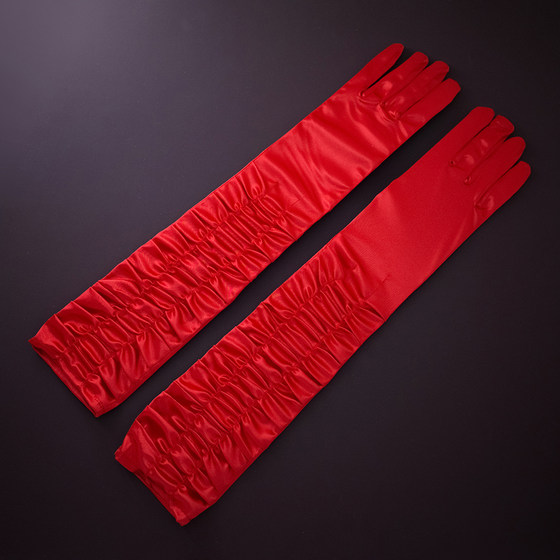 粉色长款包指手套优雅黑赫本风褶皱显瘦弹力色丁缎面新娘婚纱手套