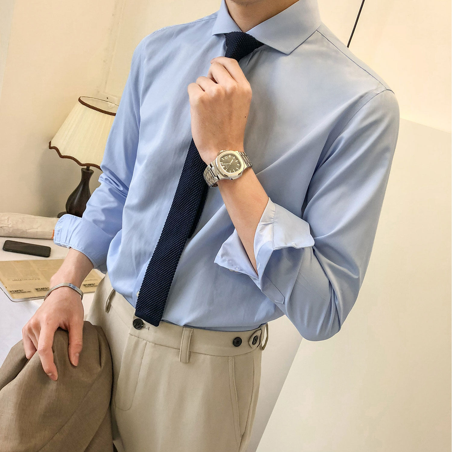 White Shirt Male Long Sleeve Free Ironing Business Career Positive Dress Work Korean Version Sashimi Knitwear Men Casual White Shirt