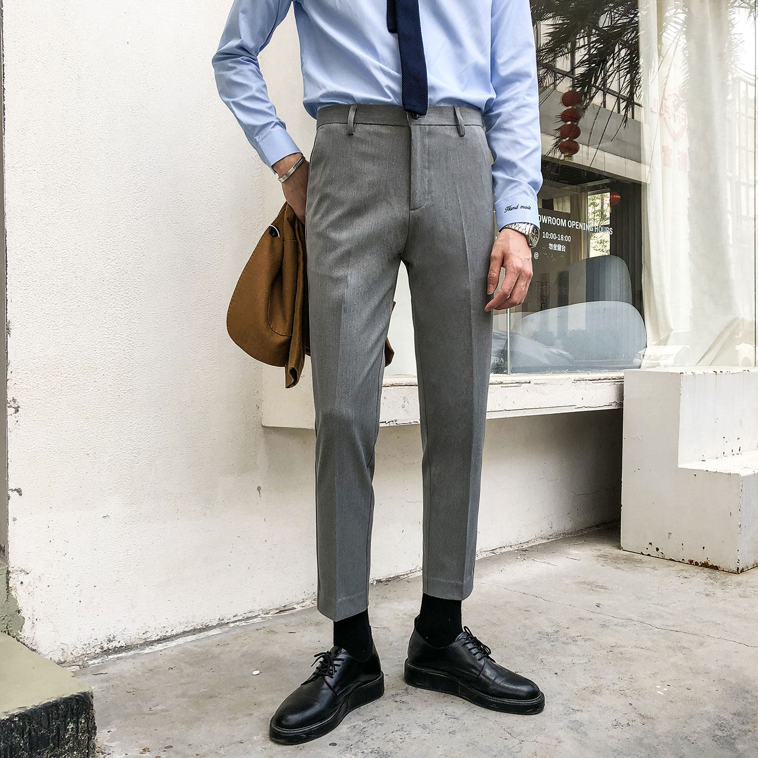 Young Young Han Edition Xiaofeng Nine Sound Gray Casual Fixed UK Business Men Pants Men Pure Color Trousers