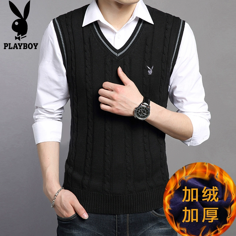 Mùa đông ấm áp vest nam cộng với nhung dày trẻ trung Áo vest cotton mỏng đan len cổ chữ V tay áo len thủy triều áo khoác đông nam