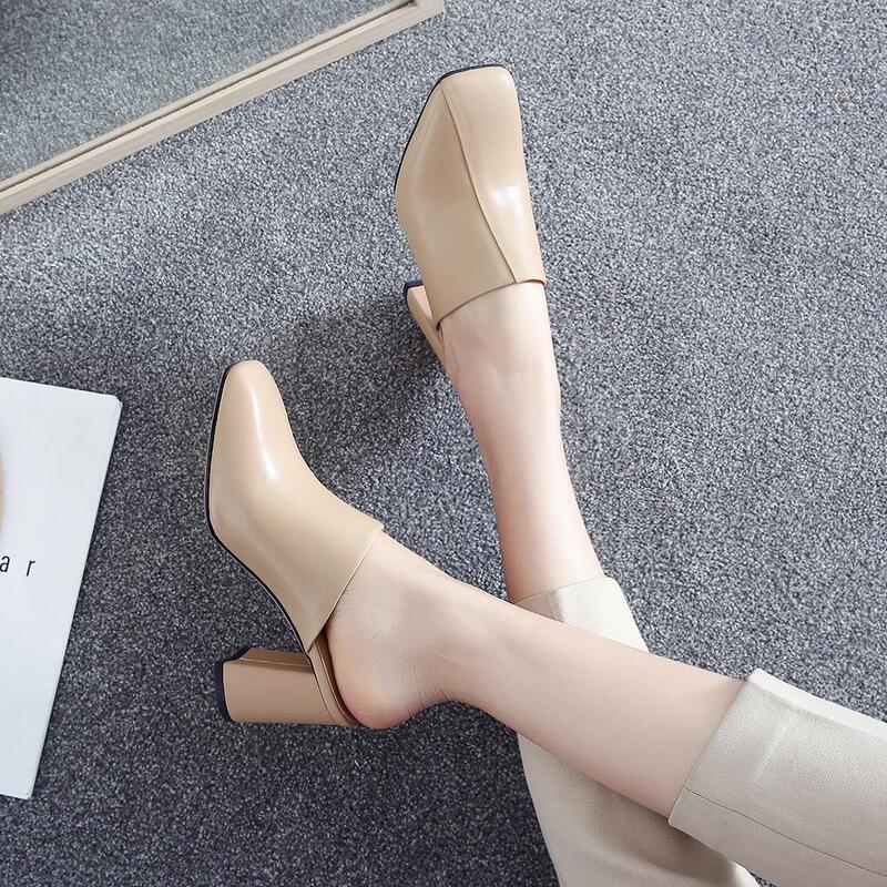Women's Summer Leather High-Heeled Mules, Versatile Backless Slip-On Shoes, Fashionable Outdoor Chunky Heel Leather Slippers
