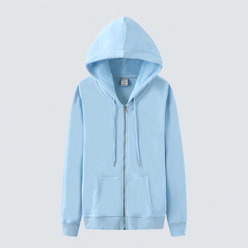 2025 Spring New Thin Light Blue Zip-Up Sweatshirt for Women, Pure Cotton Casual Sports Hooded Long-Sleeve Jacket