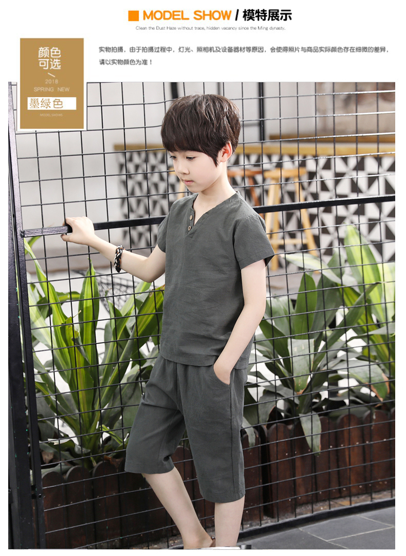 Quần áo trẻ em cậu bé mùa hè phù hợp với 2018 mùa hè mới Hàn Quốc phiên bản của trẻ em lanh lớn trẻ em bông và vải lanh ngắn tay áo hai mảnh