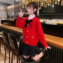 Girls autumn sweater 2022 new childrens Western-style bow little girl net red fashionable spring and autumn bottoming shirt
