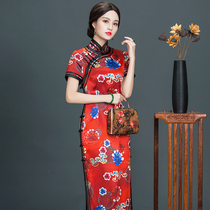 Chinese classic 40 m heavy silk red cheongsam long middle-aged female summer mother elegant Daily New