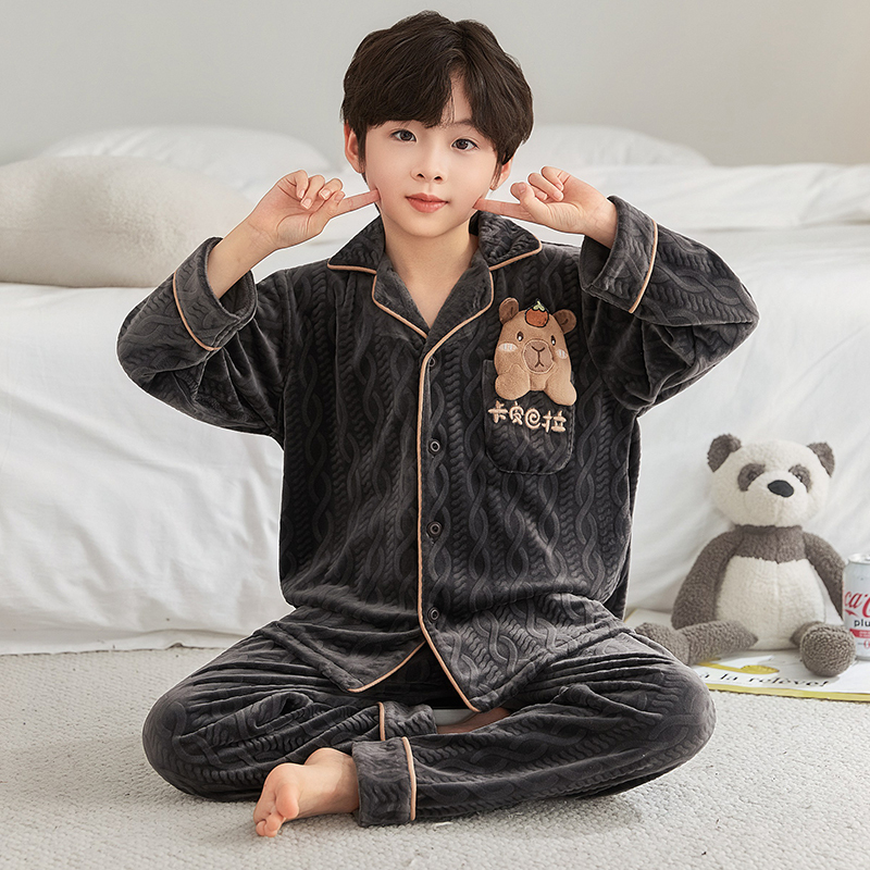 Autumn and Winter Children's Pajamas for Boys, Island Velvet 2025 New Style, Boys' Capybara Coral Flannel Loungewear