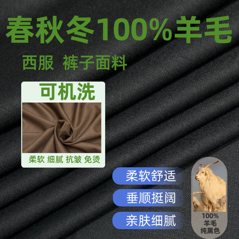 [Machine Washable Wool] High-End Imported 100% Wool Suit Fabric for Spring, Autumn, and Winter Black Suit Pants Material