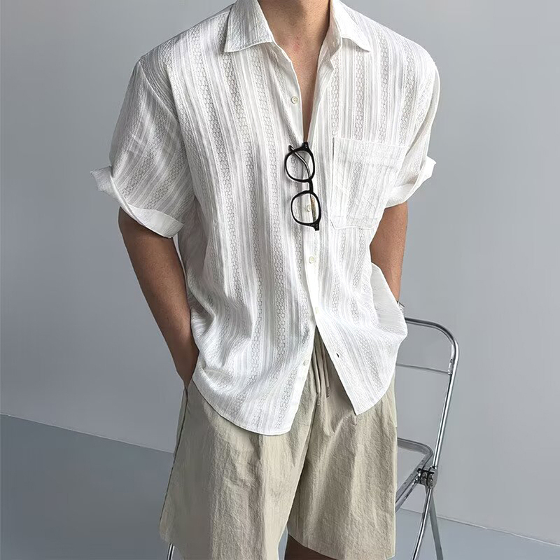 American Vintage Hollow-Out Shirt for Men with Textured Loose Fit, Pockets, Short Sleeves, Lightweight, Slightly Sheer Mesh Jacquard Shirt American Vintage Hollow-Out Shirt for Men with Textured Loose Fit, Pockets, Short Sleeves, Lightweight, Slightly Sheer Mesh Jacquard Shirt