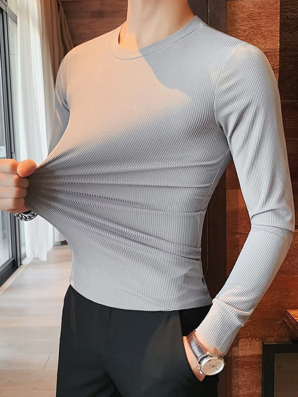 High-Elasticity T-Shirt for Men, Small Neckline, Tight-Fitting Long-Sleeve Modal Base Shirt, Ribbed Knit Top, Waffle Knit Sweatshirt