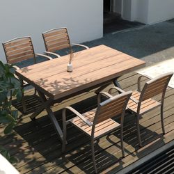 Outdoor Tables and Chairs, Courtyard Anti-Corrosion Wood Tables, Balcony Plastic Wood Leisure Cafe Table and Chair Sets, Outdoor Garden Dining Table