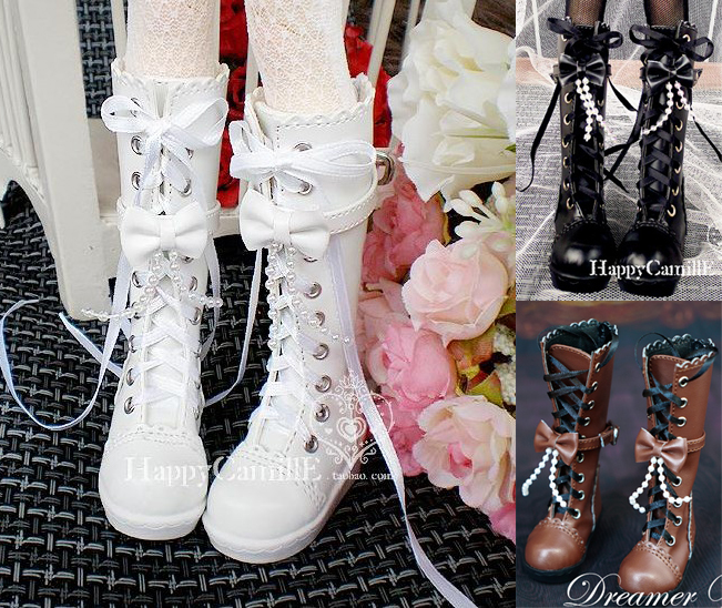 BJD SD dolls 4 points 3 of shoes Waveshoe string of beads butterfly knot lace white midcylinder boot 1 4 1 3