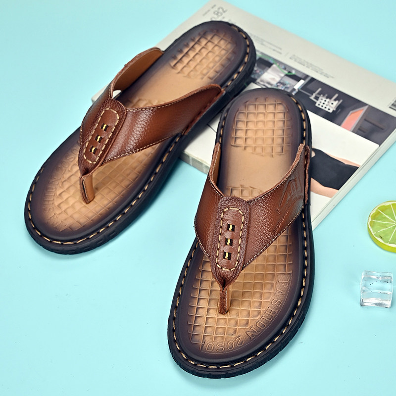 Genuine leather slippers men's summer wear personality sandals Korean version of cowhide flip flops men's beach shoes outdoor casual trendy drag