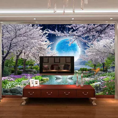 3d роспись телевизионный фон обои гостиная диван настенная ткань сцены садовая ночная пейзажа спальня ландшафтная обои вишневые цвета цветут вишня