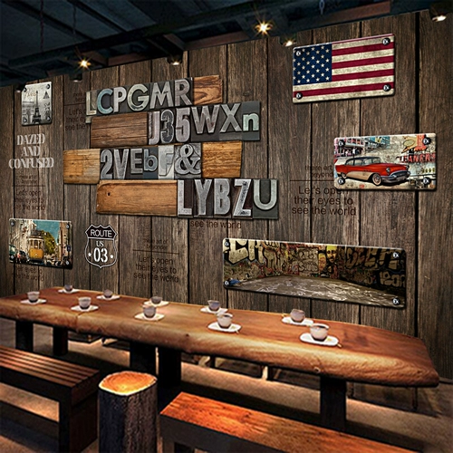 Ретро ностальгические 3D персонализированные деревянные доски английские буквы фрески барные коробки кафе обои ktv ресторан обои обои обои