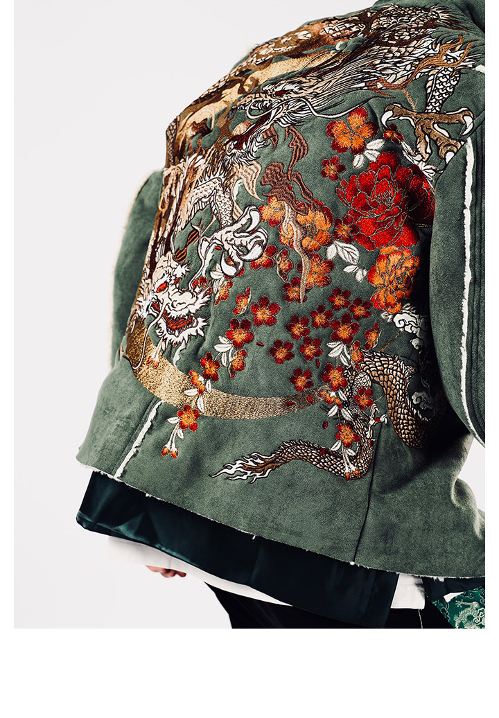 三省六部主线·三龙柄·重工刺绣麂皮羊羔毛拼接防寒保暖机车外套详情12