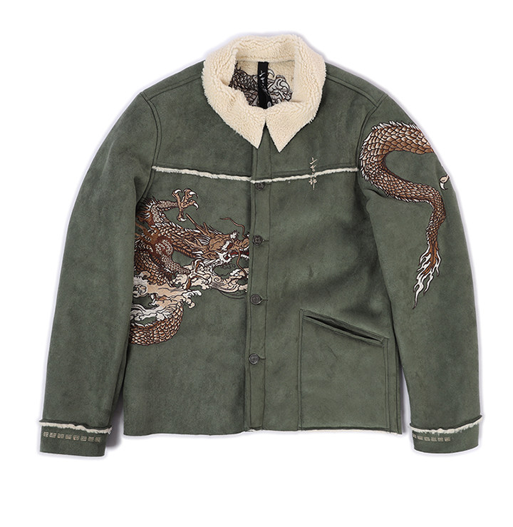 三省六部主线·三龙柄·重工刺绣麂皮羊羔毛拼接防寒保暖机车外套详情18