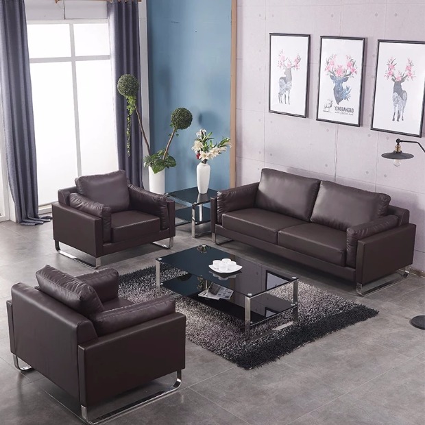 Văn phòng tiếp tân doanh nghiệp để thảo luận về ghế sofa da parlor Bắc Âu đơn giản ba người kết hợp bàn cà phê nội thất văn phòng