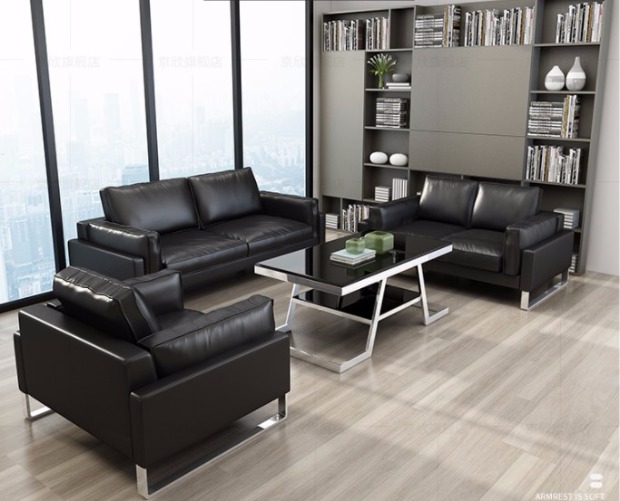 Văn phòng tiếp tân doanh nghiệp để thảo luận về ghế sofa da parlor Bắc Âu đơn giản ba người kết hợp bàn cà phê nội thất văn phòng