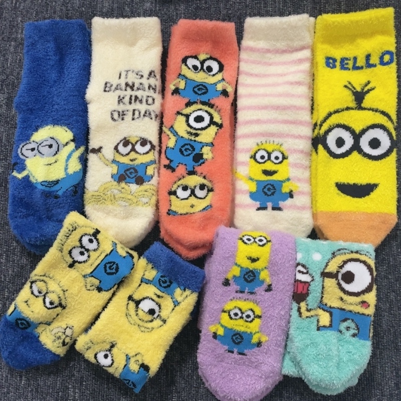 Japanese Order New Cute Cartoon Minions Series Fluffy down Yarn Socks Sleep Socks Mid-Calf Socks