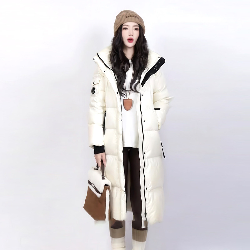 Off-White Long down Coat for Women, 2026 Winter New Korean Style Hooded Thickened Warm Over-The-Knee Jacket for Petite Figures