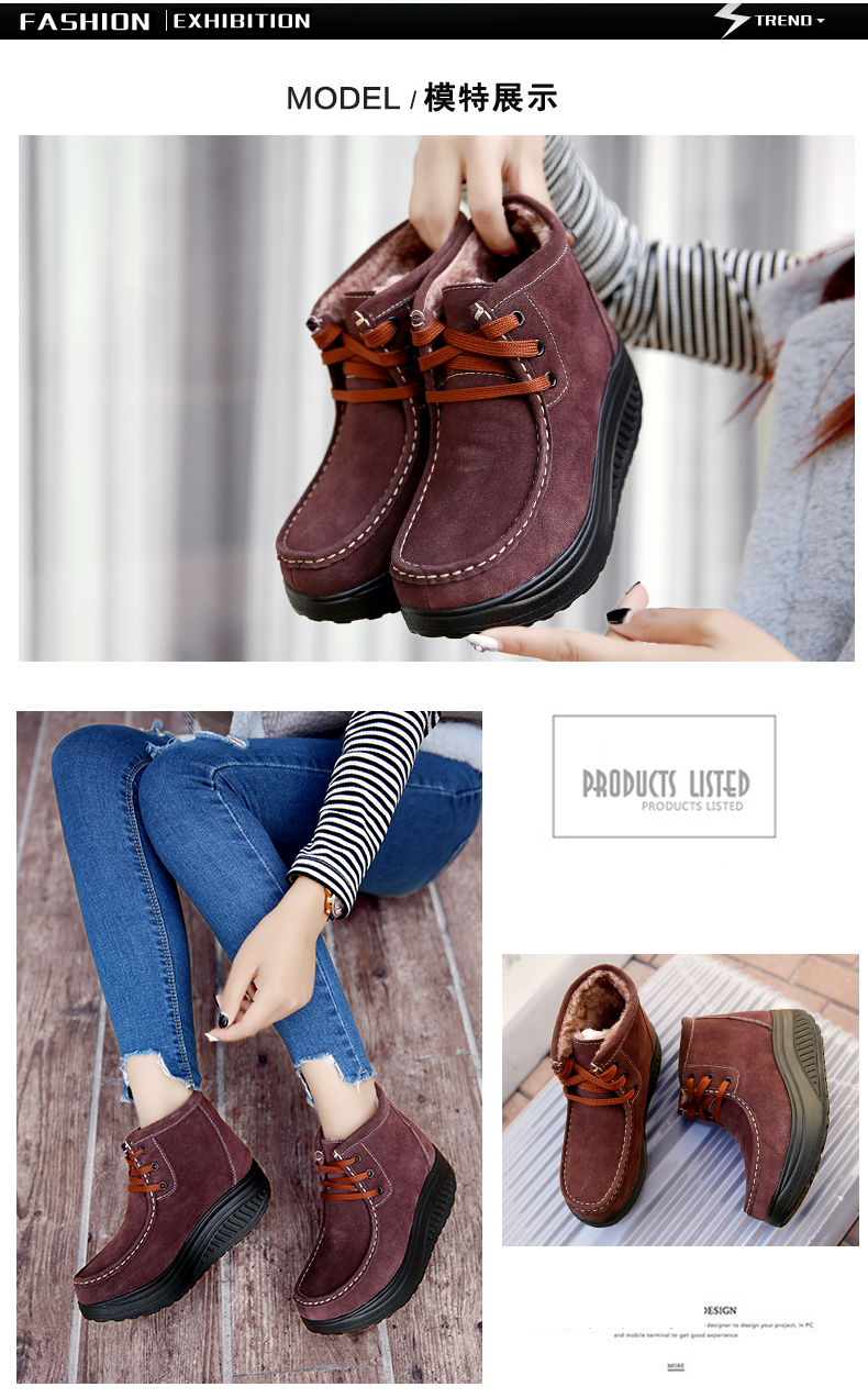 Weideng mùa đông cao giúp đỡ cộng với giày rocking nhung nữ da dày đế mềm, giày đế bằng, giày cotton chống trượt nêm ngắn giày thể thao nữ sneaker cổ cao