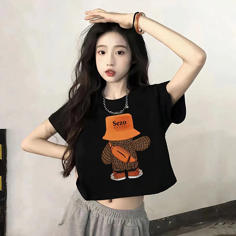 Pure Cotton Black Loose Short-Sleeved T-Shirt for Women 2026 New Summer Unique Super Nice-Looking High-Waisted Top for Petite Figures