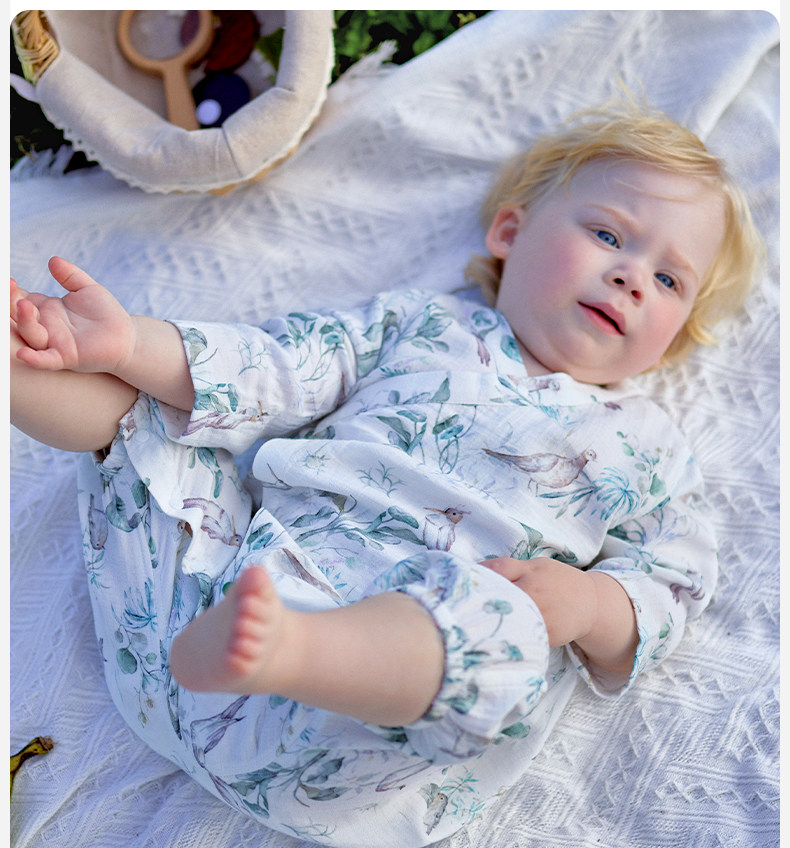 【中国直邮】 欧孕 婴儿春装连体衣婴儿 竹棉纱布和尚服夏薄款  林中鸟趣【升级背部网眼-透气散热】适用身高 90cm