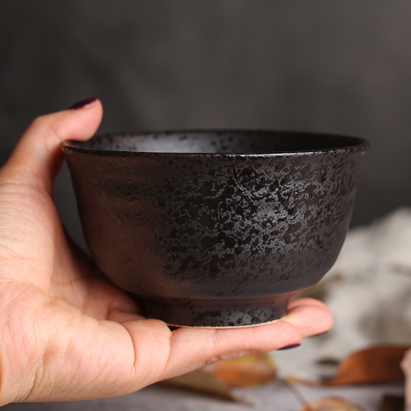 Japanese rice bowl creative coarse ceramic tableware vintage black small bowl bowls of rice, a bowl of household ceramic bowl set for dinner