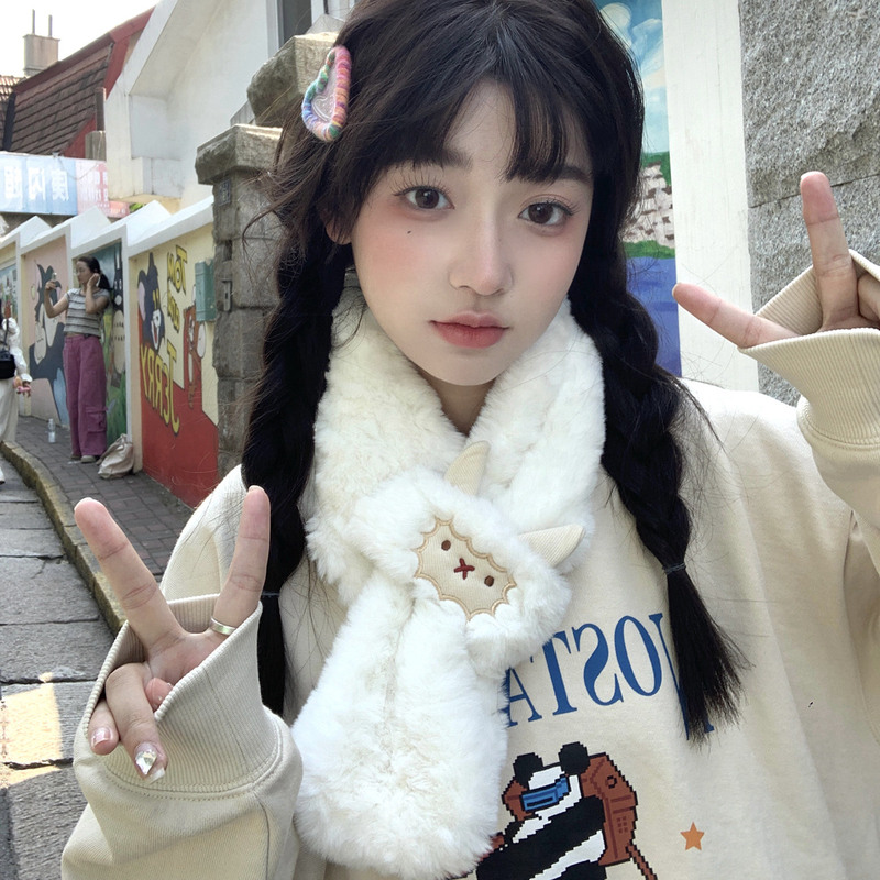 Japanese Style ins Small Wool Fluffy Cross Short Scarf for Women, Winter Warm Versatile Student Couple Scarf Trendy