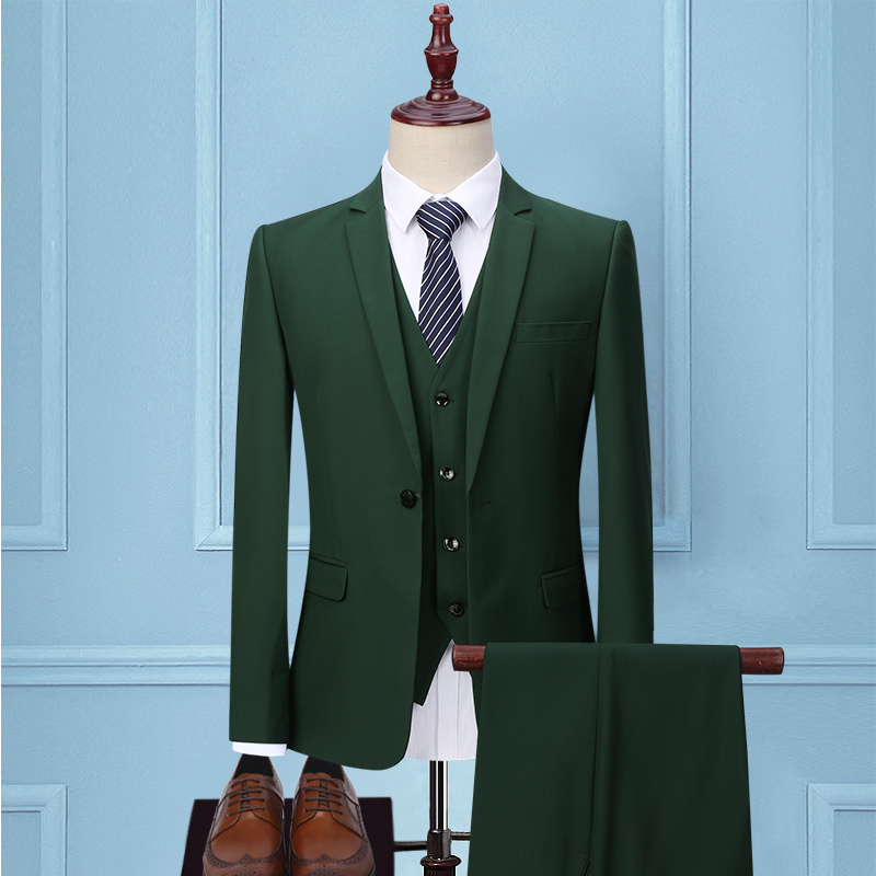 Four seasons Western suit suit men's three sets Korean version Suits Career Positive Dress Bridegroom Groom Gown Ink Green