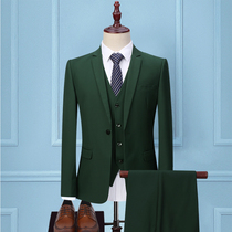 Four seasons suit suit Mens three-piece suit Korean slim suit Professional dress Best man groom dress Dark green
