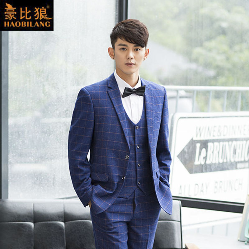 Men's casual suit suit Slim British Korean version of the tide groom wedding dress plaid three-piece thickened suit