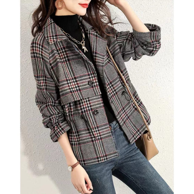 Outlet clearance clearance brand autumn and winter clothing temperament plaid woolen suit waisted short jacket for women