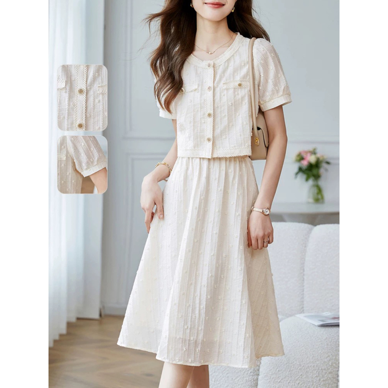 Outlet Clearance Sale, Bargain Brand, Gentle Commuter Suit for Women, French-Style Short-Sleeve Cardigan and Skirt Two-Piece Set