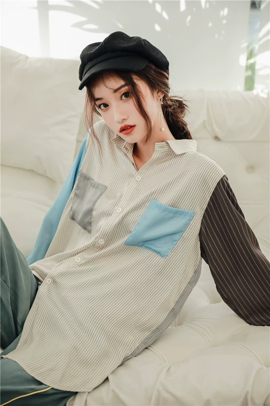Áo sơ mi sọc nữ mùa hè dài tay 2018 mới Hàn Quốc phiên bản Hồng Kông hương vị retro lỏng lẻo khâu áo