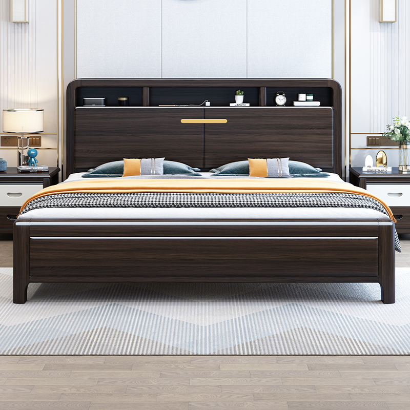 New Chinese style all solid wood purple gold sandalwood bed modern master bedroom 1 8m double bed 1 5m high box bed storage wedding bed