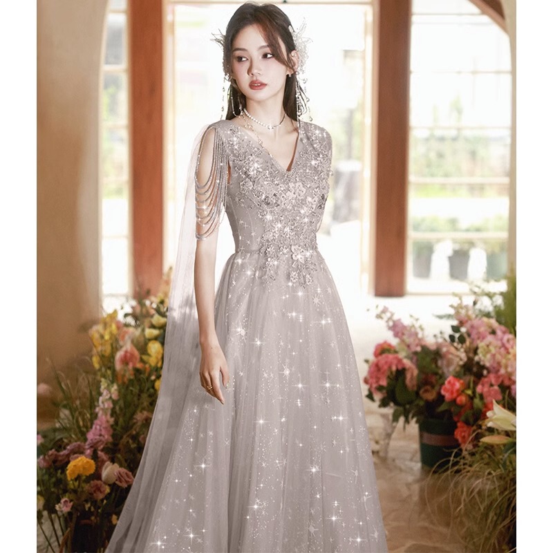 Gray Evening Dress for Women 2026 New Style High-End Host Banquet Sequin Vocal Conductor Piano Performance Dress for Women