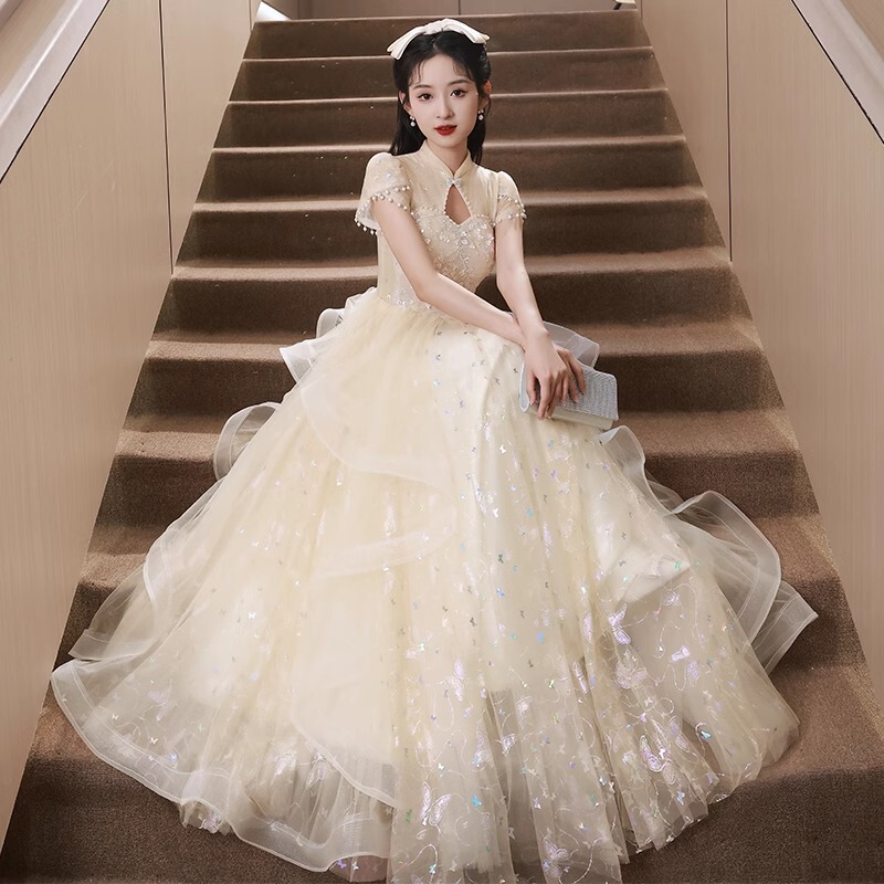 Champagne-Colored Evening Dress, New Chinese-Style Light Luxury High-End Niche Hostess Birthday Princess Dress, Coming-Of-Age Ceremony Tutu Dress Champagne-Colored Evening Dress, New Chinese-Style Light Luxury High-End Niche Hostess Birthday Princess Dress, Coming-Of-Age Ceremony Tutu Dress