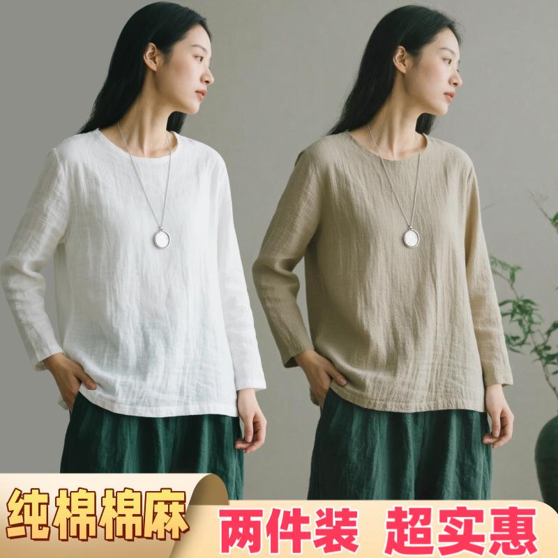 Cotton and Linen Vintage Long-Sleeve Korean Style Pure Cotton Plus Size Thin Pure Cotton Round Neck Cotton and Linen Vintage Long-Sleeve Artistic Loose Fit