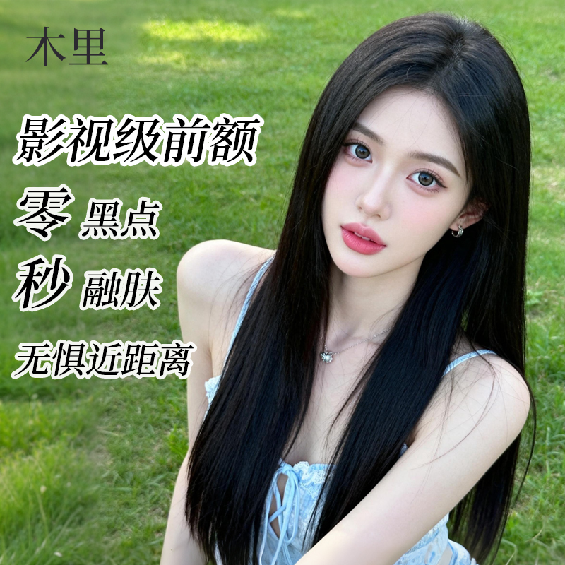 Micro-Needle Molecular Wood Black Long Straight Wig Full Headpiece for Women, Real Human Hair, Natural Middle Part Long Straight Hair, Everyday Wig
