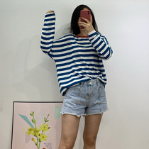  Faye Wong same style~Contrast striped round neck loose sweater 100%Merino wool thin long-sleeved top