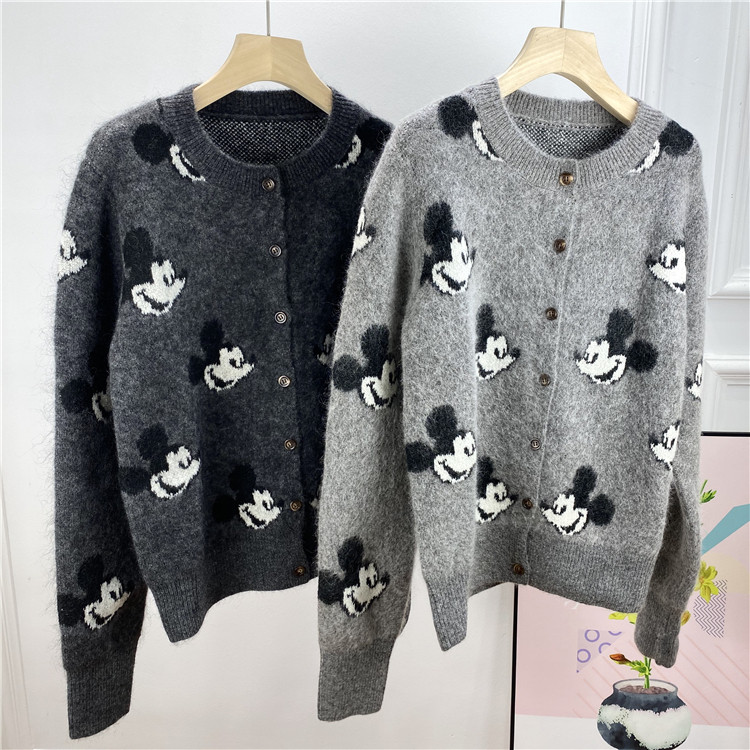 Export Order Mitch Cartoon Jacquard Cardiovert Imported Wool Mahai Wool Mixed Spinning Thread Round Collar Single Row Buttoned Jacket