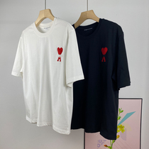  AM early spring new classic embroidery red love heart round neck mid-length loose couple mens and womens T-shirts