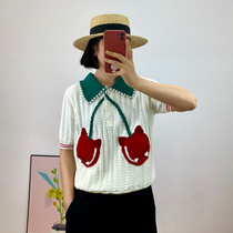 Yuan ~ Qiao Xin with 2021 new pearl bead POLO lapel contrast devil cherry hook flower short sleeve knit