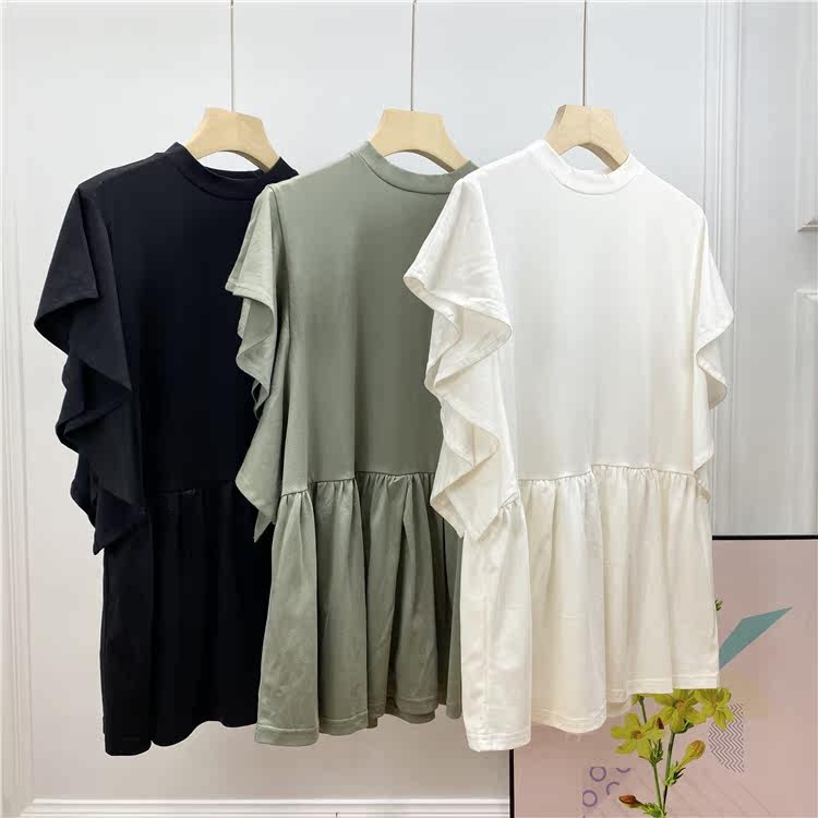 SNI * DEL pure yuan cut label 2021 spring and summer new sweet age-reducing ruffle stitching pleated long version cotton T-shirt