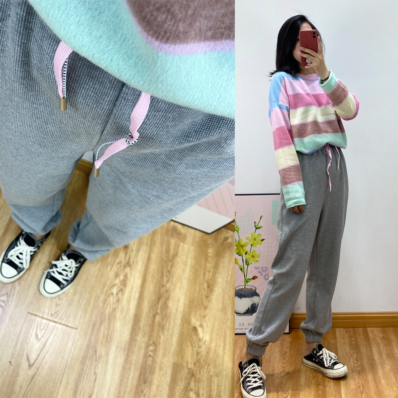 Taller Hufferg double draw rope High waist sports Leisure bunches Foot loose with 9 minute long Wei pants female damp