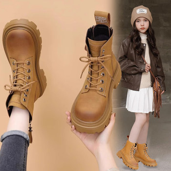 Girls' Boots 2025 Autumn and Winter New Stylish Leather Boots Non-Slip Waterproof Children's Martin Boots with Fleece Lining Mid-Calf Boots