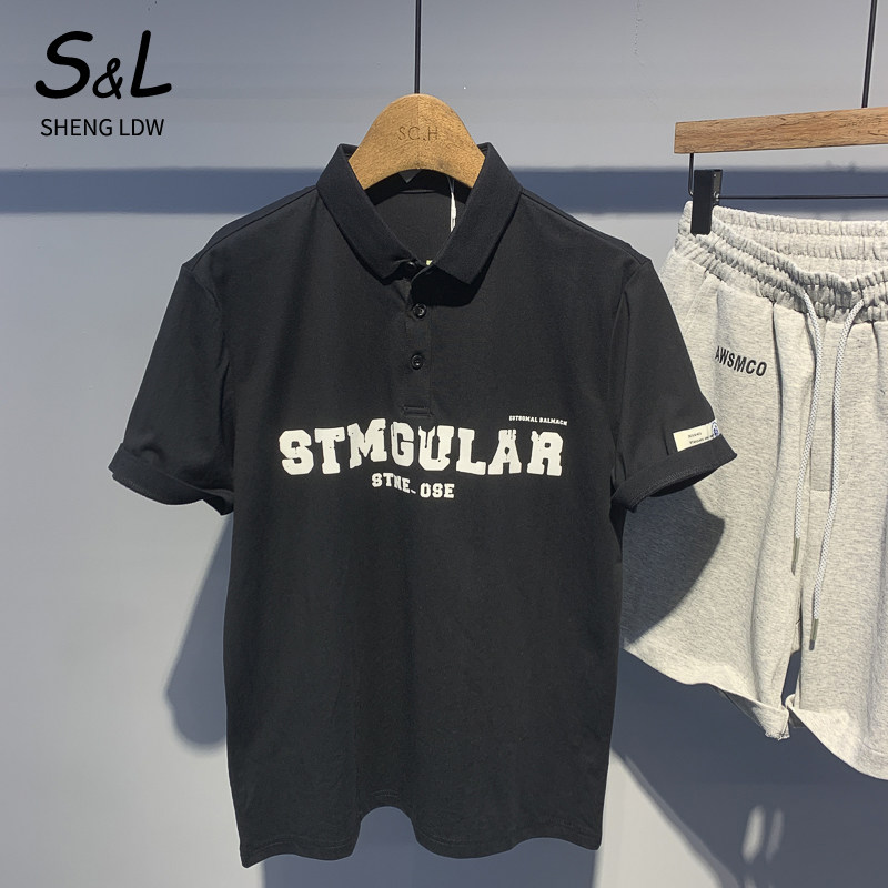 Fashion trend letter printing short-sleeved polo shirt men's 2022 summer new Korean version loose and handsome lapel T-shirt