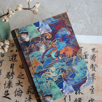 Bamachi Phoenix Pattern top layer cowhide notebook, bare spine, hand-bound, exquisite Chinese trend cultural and creative ancient-style stamp collection notebook