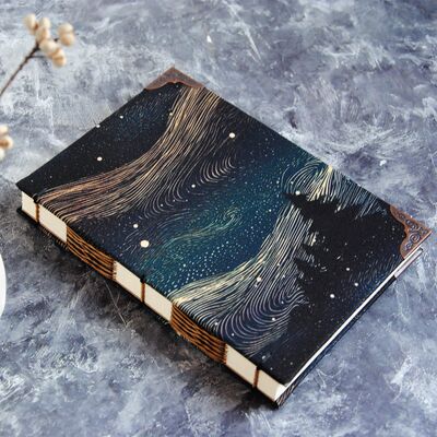 Bamachi top-grain cowhide notebook, exquisite cultural and creative planner, bare spine, blank page, Starry Night Forest, healing souvenir